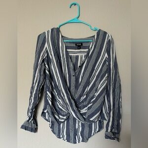A.N.A Navy and White Striped Wrap Blouse Size Small